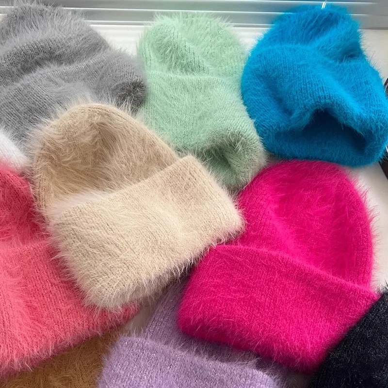 Fashion Furry Winter Hat Women Plush Cap Knitted Warm Beanie Rabbit Fur Solid Beanies Women Brimless Style Knitted Beanie Hat