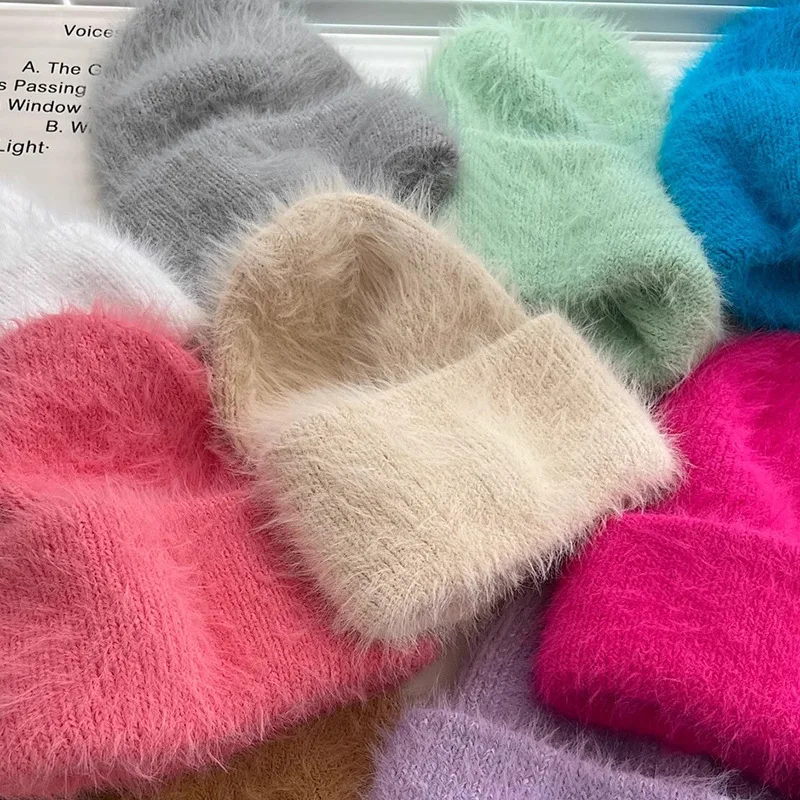 Fashion Furry Winter Hat Women Plush Cap Knitted Warm Beanie Rabbit Fur Solid Beanies Women Brimless Style Knitted Beanie Hat