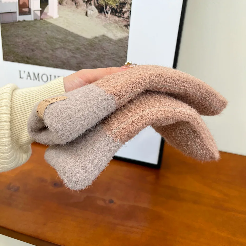 Cute Winter Simple Windproof Thick Warm Cable Stripe Knit Plush Fluffy Cuff Skiing Finger Cover Mittens Hand Gloves for Women