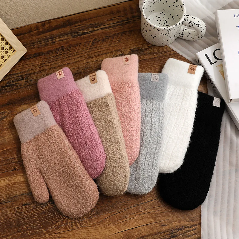 Cute Winter Simple Windproof Thick Warm Cable Stripe Knit Plush Fluffy Cuff Skiing Finger Cover Mittens Hand Gloves for Women