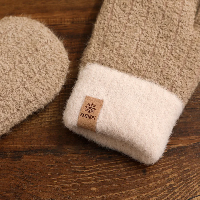 Cute Winter Simple Windproof Thick Warm Cable Stripe Knit Plush Fluffy Cuff Skiing Finger Cover Mittens Hand Gloves for Women