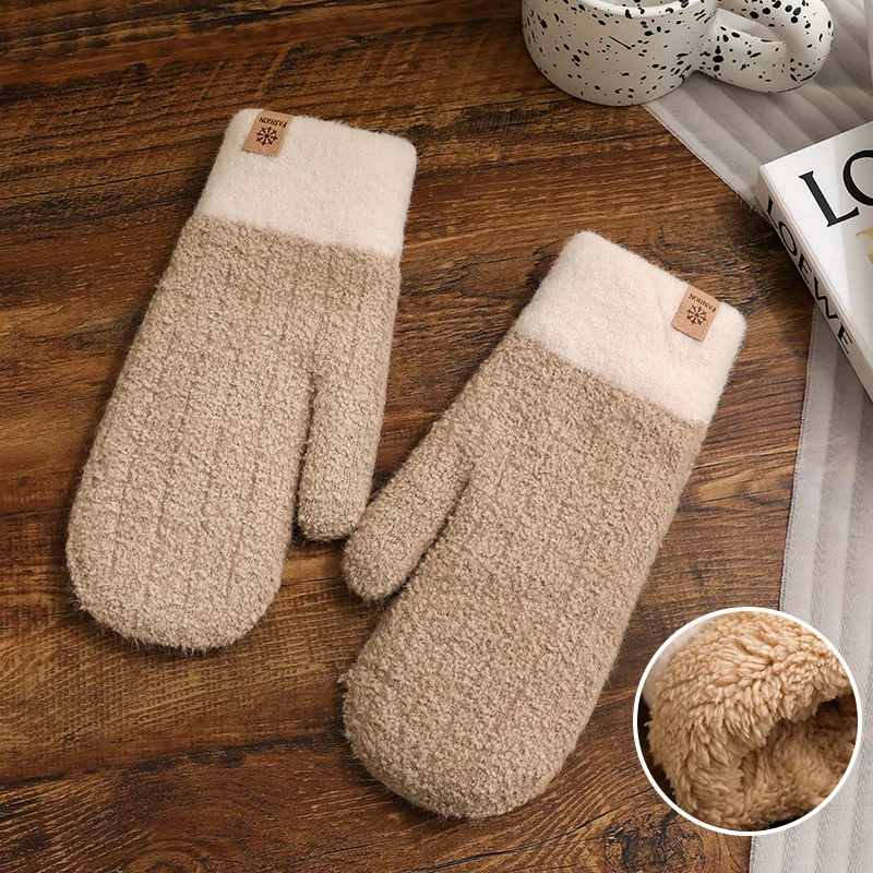 Cute Winter Simple Windproof Thick Warm Cable Stripe Knit Plush Fluffy Cuff Skiing Finger Cover Mittens Hand Gloves for Women
