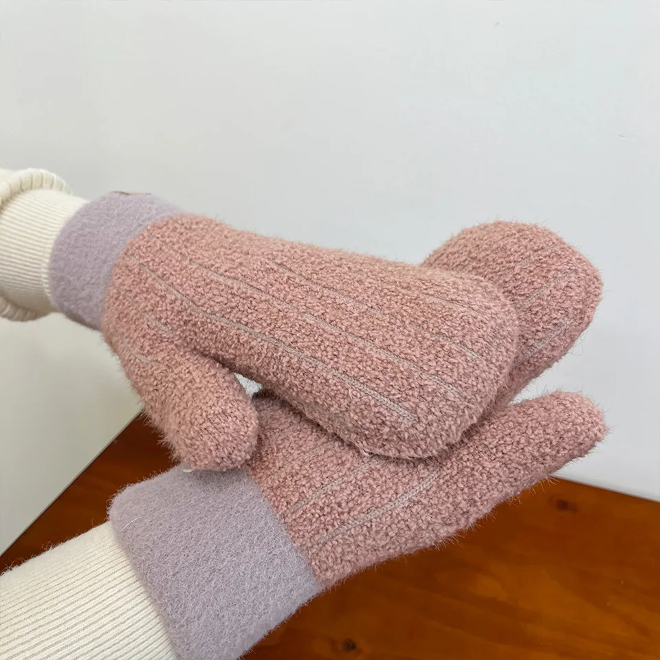 Cute Winter Simple Windproof Thick Warm Cable Stripe Knit Plush Fluffy Cuff Skiing Finger Cover Mittens Hand Gloves for Women