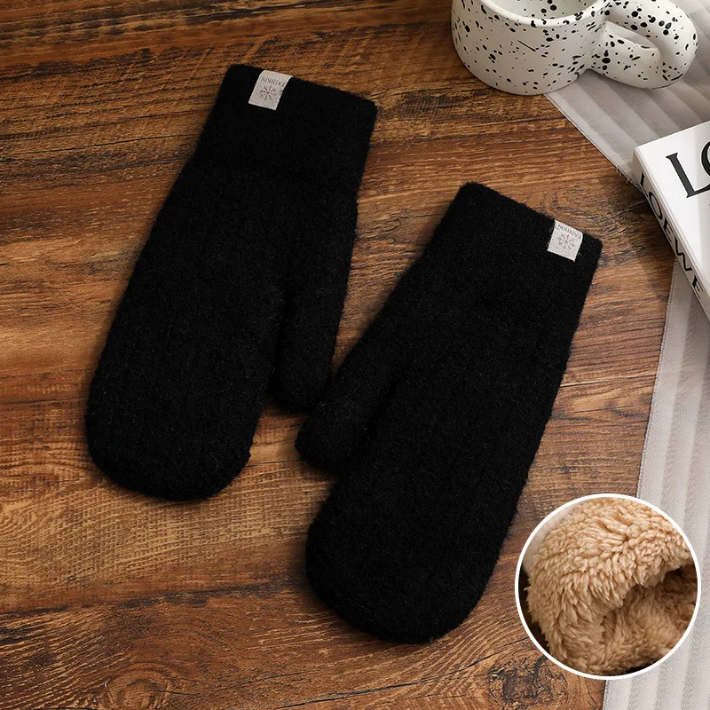 Cute Winter Simple Windproof Thick Warm Cable Stripe Knit Plush Fluffy Cuff Skiing Finger Cover Mittens Hand Gloves for Women