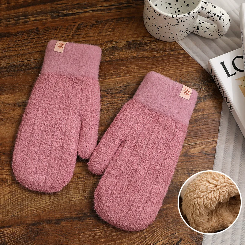 Cute Winter Simple Windproof Thick Warm Cable Stripe Knit Plush Fluffy Cuff Skiing Finger Cover Mittens Hand Gloves for Women