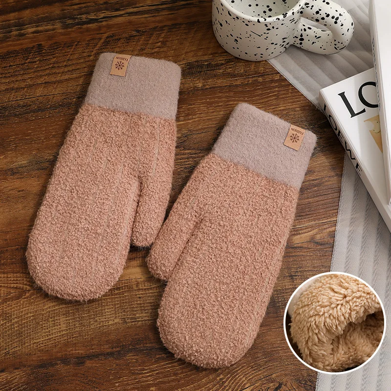 Cute Winter Simple Windproof Thick Warm Cable Stripe Knit Plush Fluffy Cuff Skiing Finger Cover Mittens Hand Gloves for Women