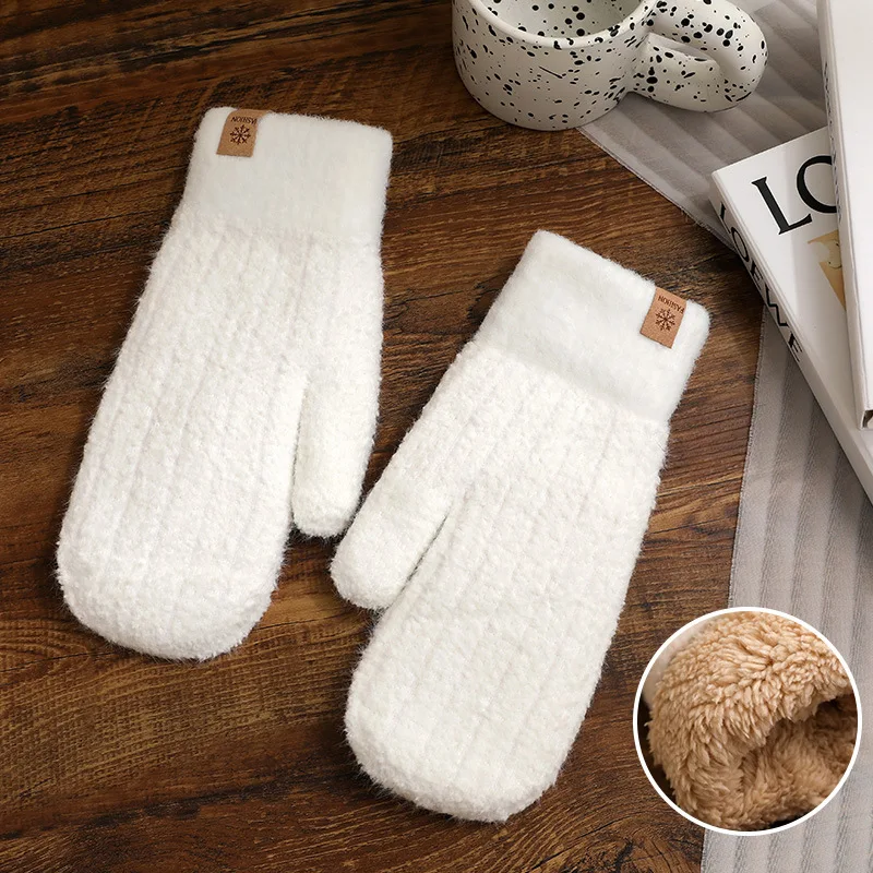 Cute Winter Simple Windproof Thick Warm Cable Stripe Knit Plush Fluffy Cuff Skiing Finger Cover Mittens Hand Gloves for Women