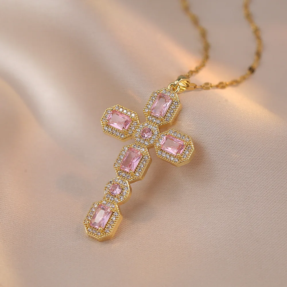 High Quality Jewelry 18k Gold Plated Cross Lip Chain Necklace Colorful Iced Out Cubic Zircon Cross Pedant Necklace for Women