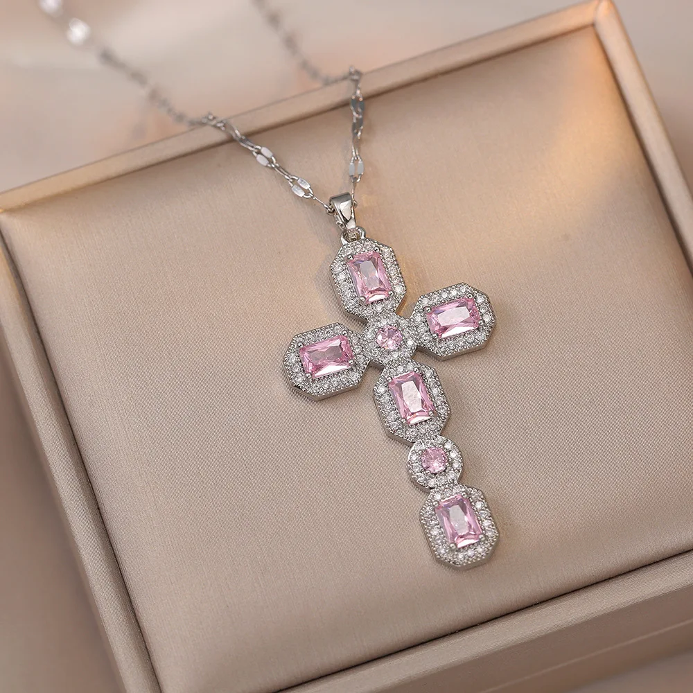 High Quality Jewelry 18k Gold Plated Cross Lip Chain Necklace Colorful Iced Out Cubic Zircon Cross Pedant Necklace for Women