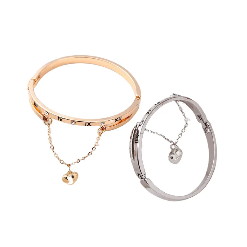 Classic Heart Roman Bracelet Digital Bangle Bracelet Rhinestone Letter Heart Charm Bracelet Cuff Simple Trendy Jewelry for Women