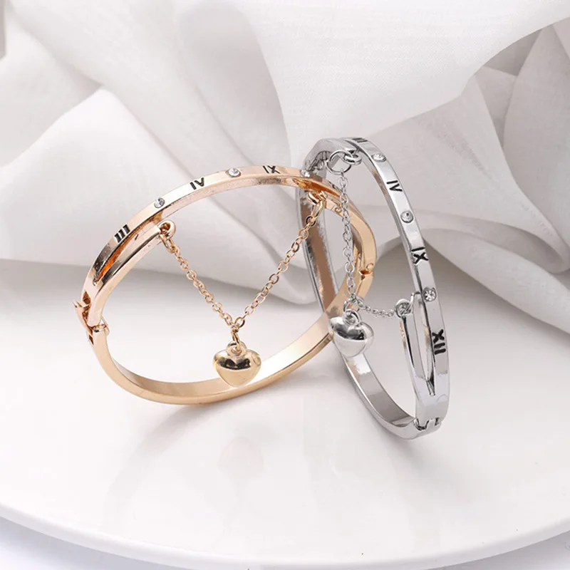Classic Heart Roman Bracelet Digital Bangle Bracelet Rhinestone Letter Heart Charm Bracelet Cuff Simple Trendy Jewelry for Women