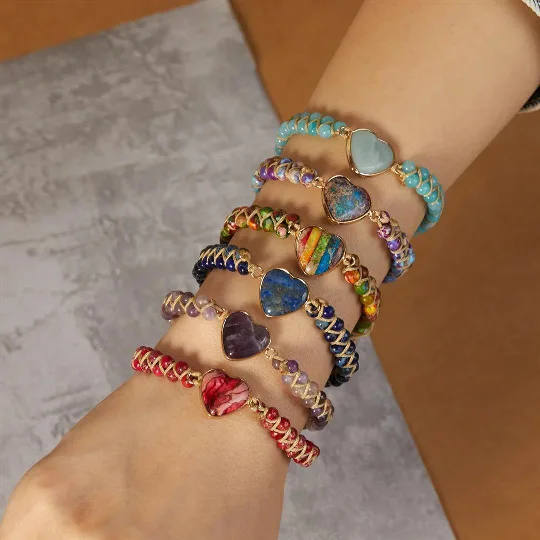 7 Chakra Natural Stone Bohemian Healing 4mm Stone Bead Wrapped Woven Double Layer Bracelet Women Heart Shape Jewelry Accessories