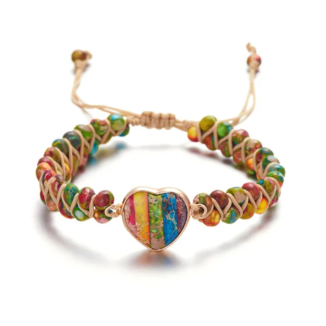 7 Chakra Natural Stone Bohemian Healing 4mm Stone Bead Wrapped Woven Double Layer Bracelet Women Heart Shape Jewelry Accessories