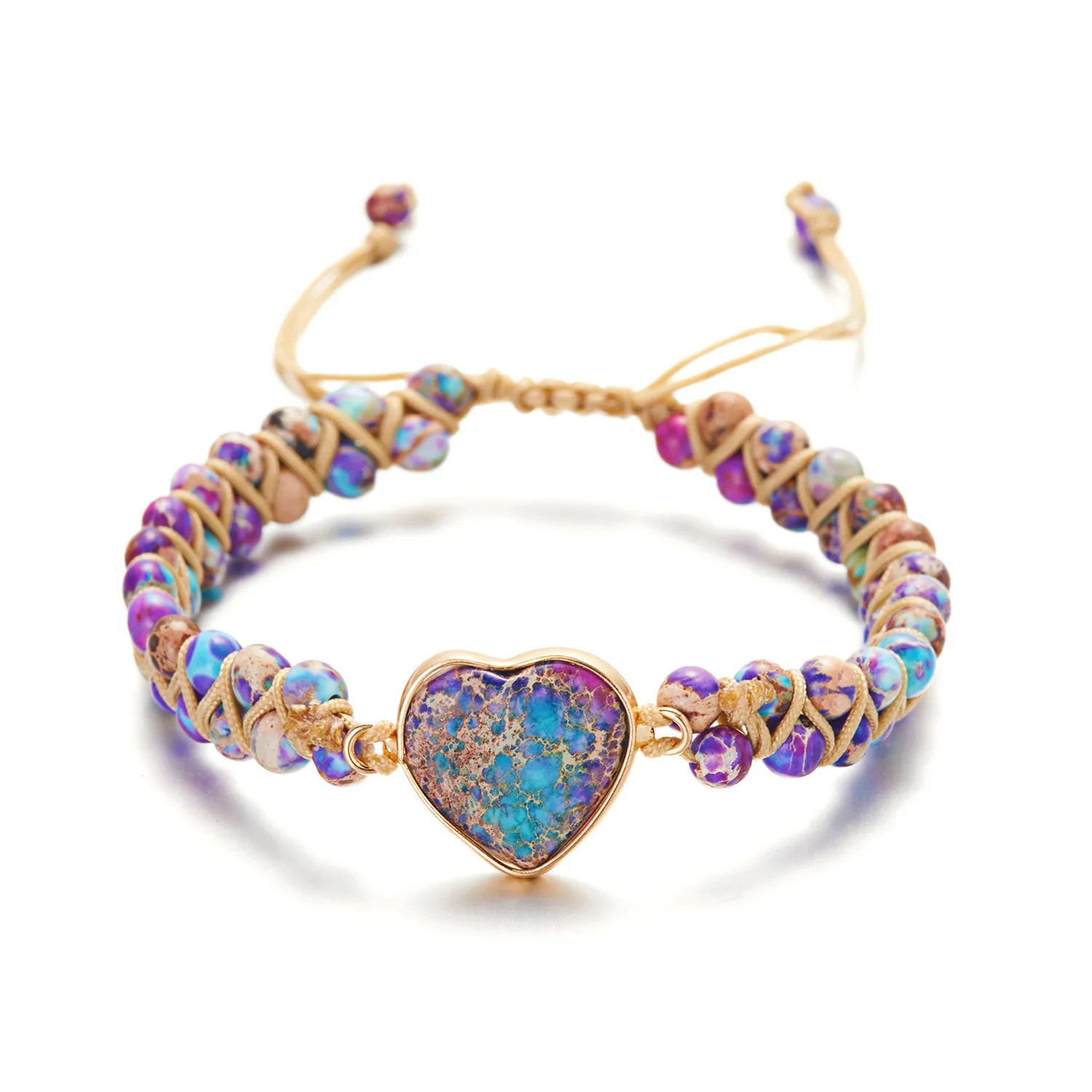7 Chakra Natural Stone Bohemian Healing 4mm Stone Bead Wrapped Woven Double Layer Bracelet Women Heart Shape Jewelry Accessories