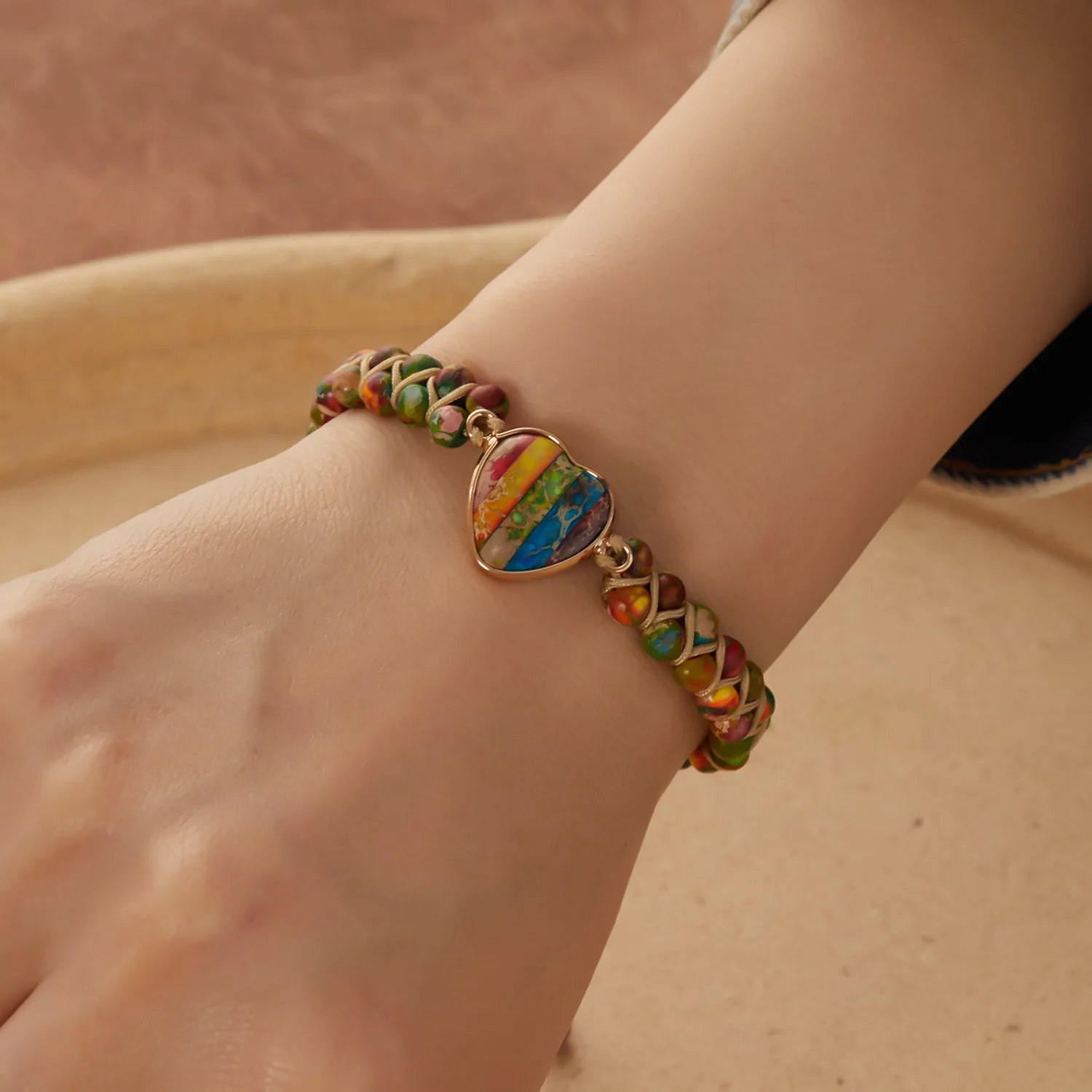 7 Chakra Natural Stone Bohemian Healing 4mm Stone Bead Wrapped Woven Double Layer Bracelet Women Heart Shape Jewelry Accessories