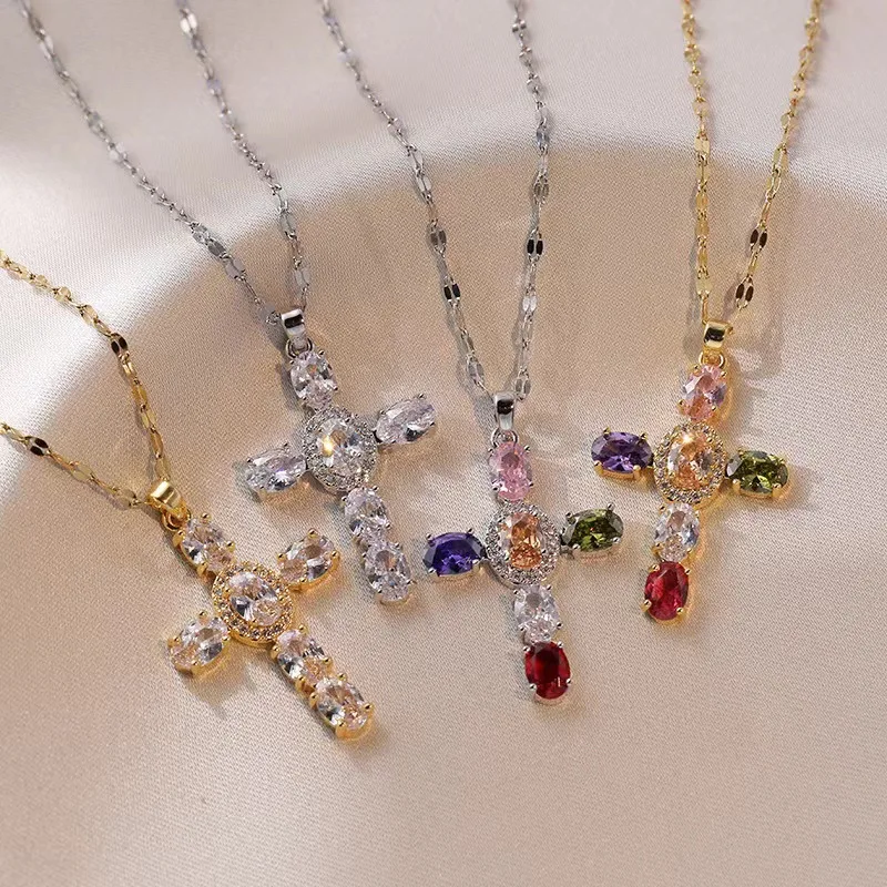 Multicolour Vintage Cross Pendant Zircon Crystal Necklace for Women Accessories Fashion Long Chain Exquisite Necklaces Jewelry