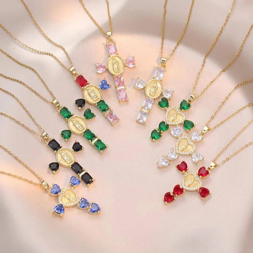 Multicolour Vintage Cross Pendant Zircon Crystal Necklace for Women Accessories Fashion Long Chain Exquisite Necklaces Jewelry