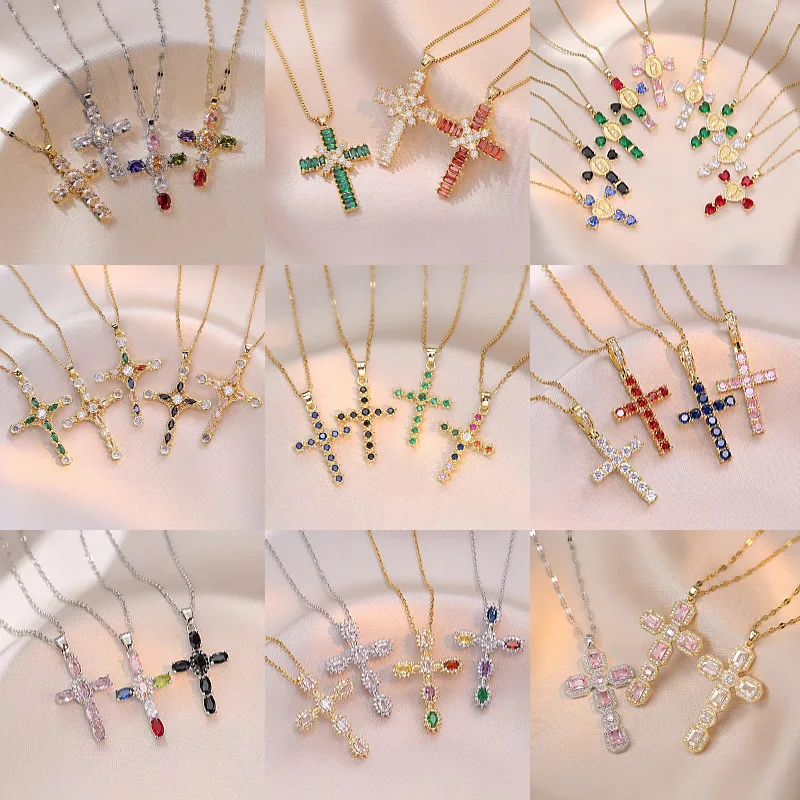 Multicolour Vintage Cross Pendant Zircon Crystal Necklace for Women Accessories Fashion Long Chain Exquisite Necklaces Jewelry