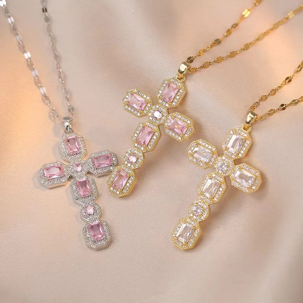 Multicolour Vintage Cross Pendant Zircon Crystal Necklace for Women Accessories Fashion Long Chain Exquisite Necklaces Jewelry