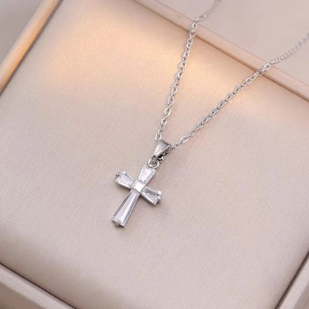 Multicolour Vintage Cross Pendant Zircon Crystal Necklace for Women Accessories Fashion Long Chain Exquisite Necklaces Jewelry