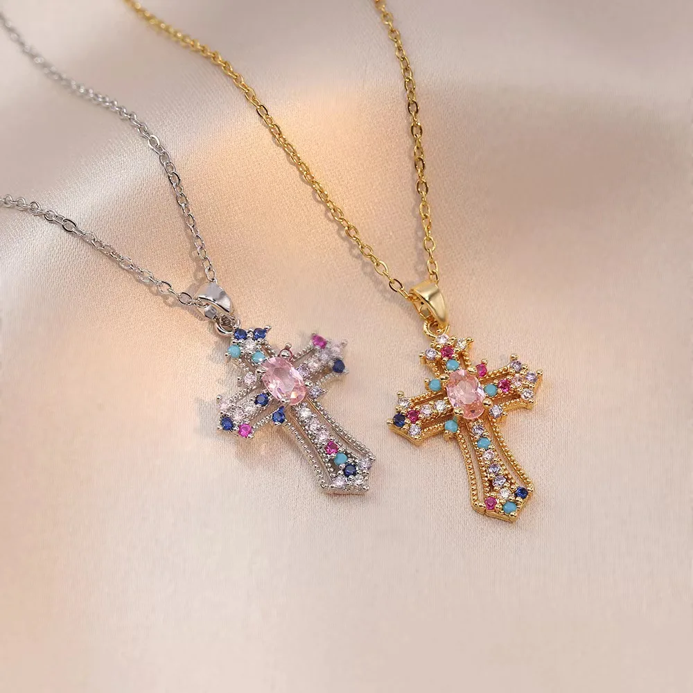 Multicolour Vintage Cross Pendant Zircon Crystal Necklace for Women Accessories Fashion Long Chain Exquisite Necklaces Jewelry