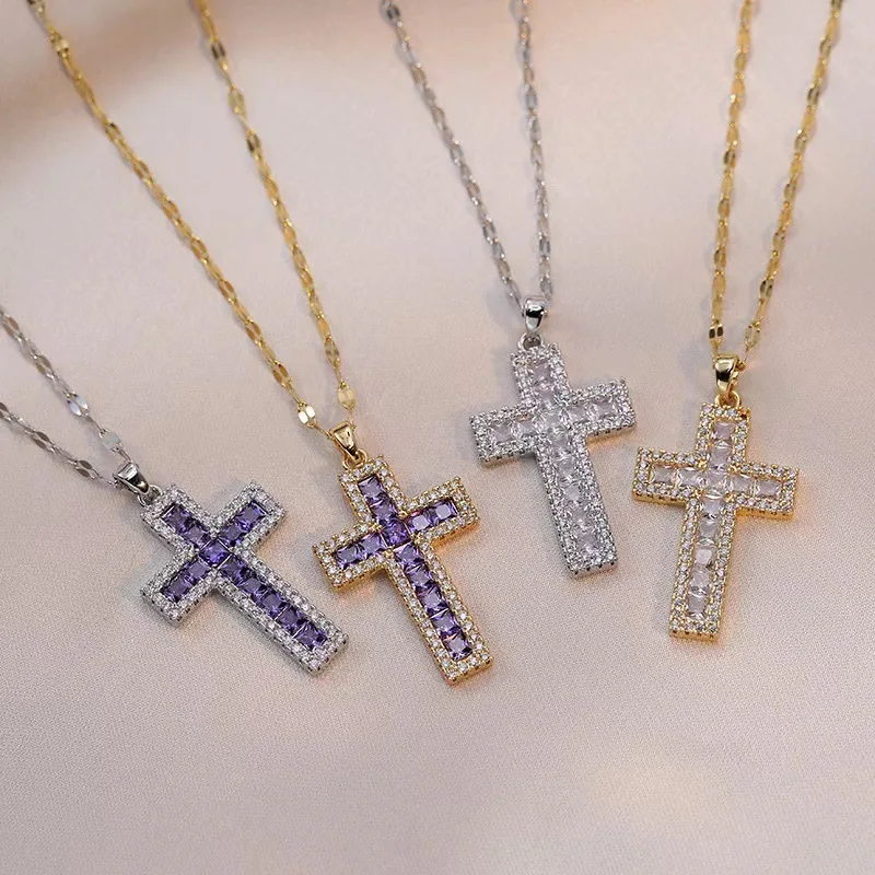 Multicolour Vintage Cross Pendant Zircon Crystal Necklace for Women Accessories Fashion Long Chain Exquisite Necklaces Jewelry