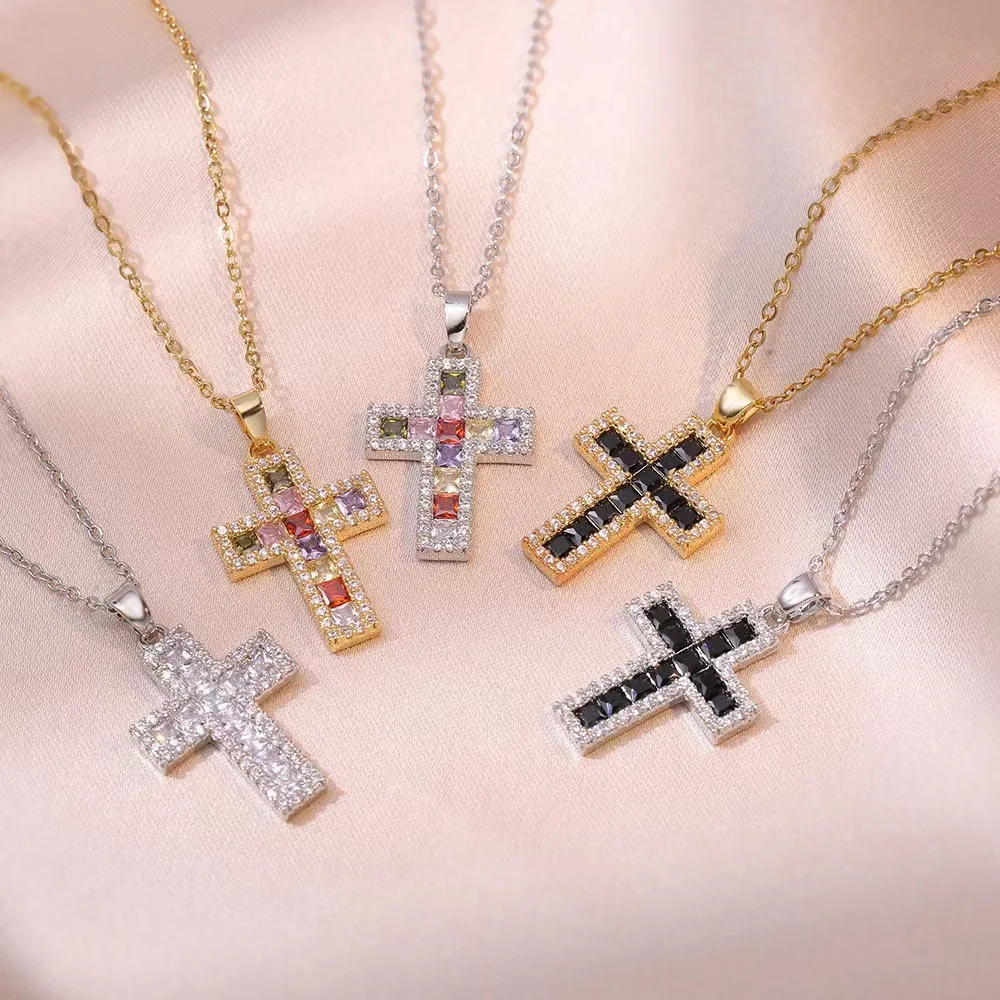 Multicolour Vintage Cross Pendant Zircon Crystal Necklace for Women Accessories Fashion Long Chain Exquisite Necklaces Jewelry
