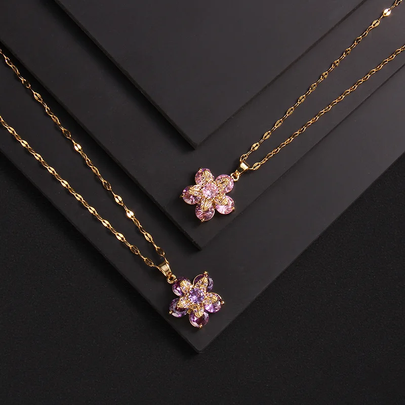 Light Luxury Stainless Steel Flower Shaped Pendant Rotating Cubic Zircon Chain Necklace Pink Diamond Flower Necklace for Women