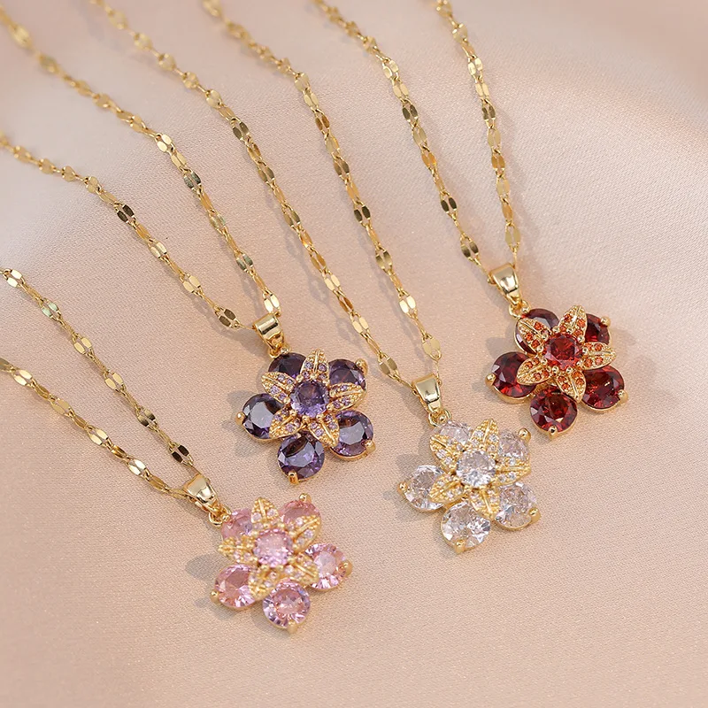 Light Luxury Stainless Steel Flower Shaped Pendant Rotating Cubic Zircon Chain Necklace Pink Diamond Flower Necklace for Women