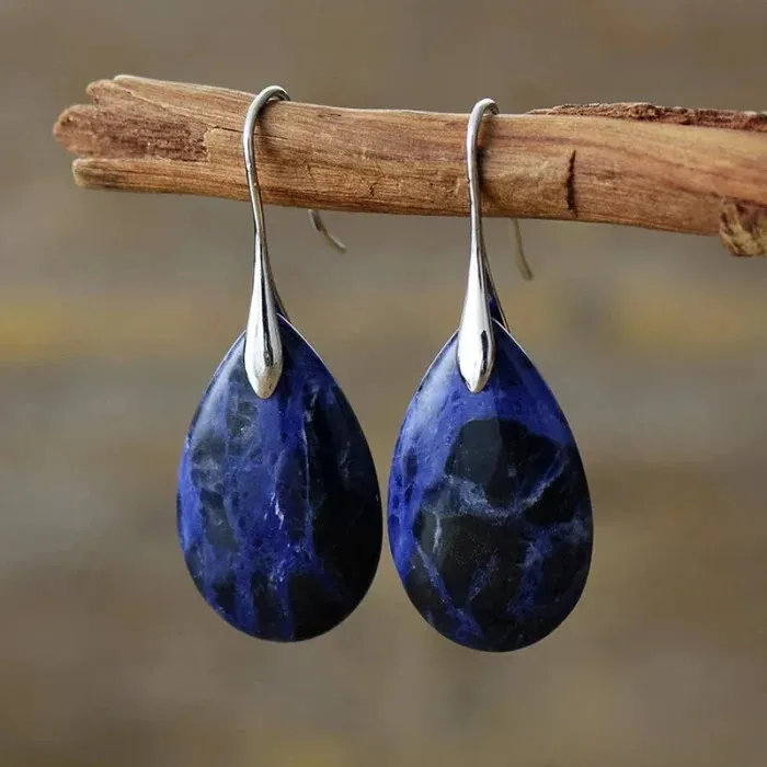 Wholesale Boho Gold Plated Teardrop Shape Earrings Natural Blue Sodalite Stone Gemstone Water Drop Design Wedding Gifts