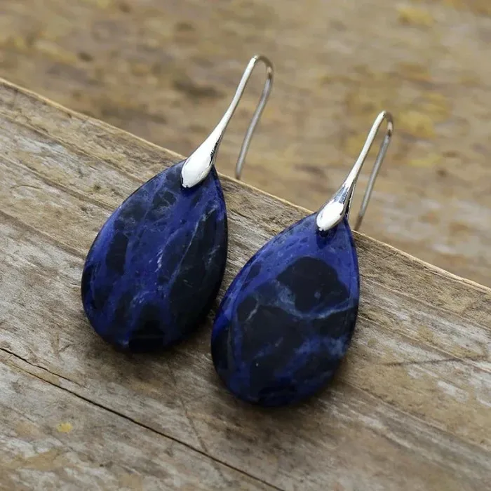 Wholesale Boho Gold Plated Teardrop Shape Earrings Natural Blue Sodalite Stone Gemstone Water Drop Design Wedding Gifts