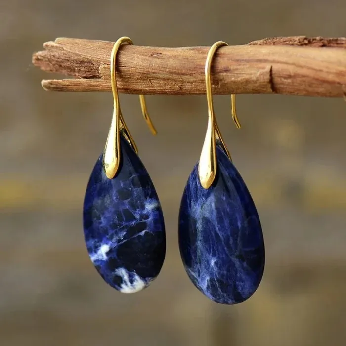 Wholesale Boho Gold Plated Teardrop Shape Earrings Natural Blue Sodalite Stone Gemstone Water Drop Design Wedding Gifts