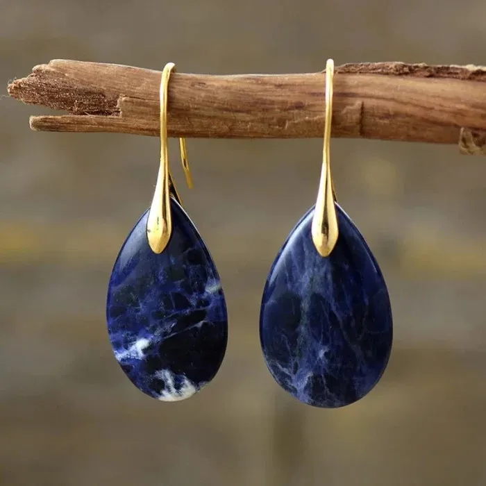 Wholesale Boho Gold Plated Teardrop Shape Earrings Natural Blue Sodalite Stone Gemstone Water Drop Design Wedding Gifts