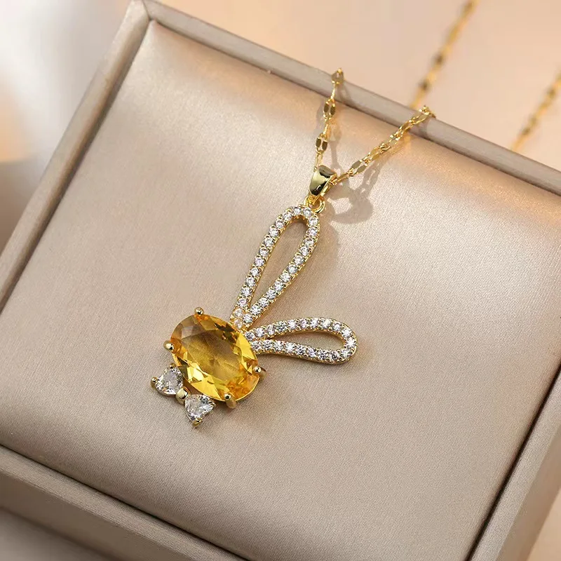Women's Stainless Steel Small Fresh Cartoon Bunny Zircon Flash Diamond Pendant Necklace Versatile Cute Titanium Steel Necklace