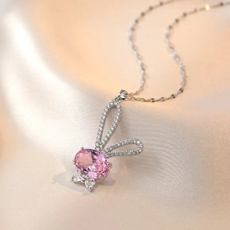 Women's Stainless Steel Small Fresh Cartoon Bunny Zircon Flash Diamond Pendant Necklace Versatile Cute Titanium Steel Necklace
