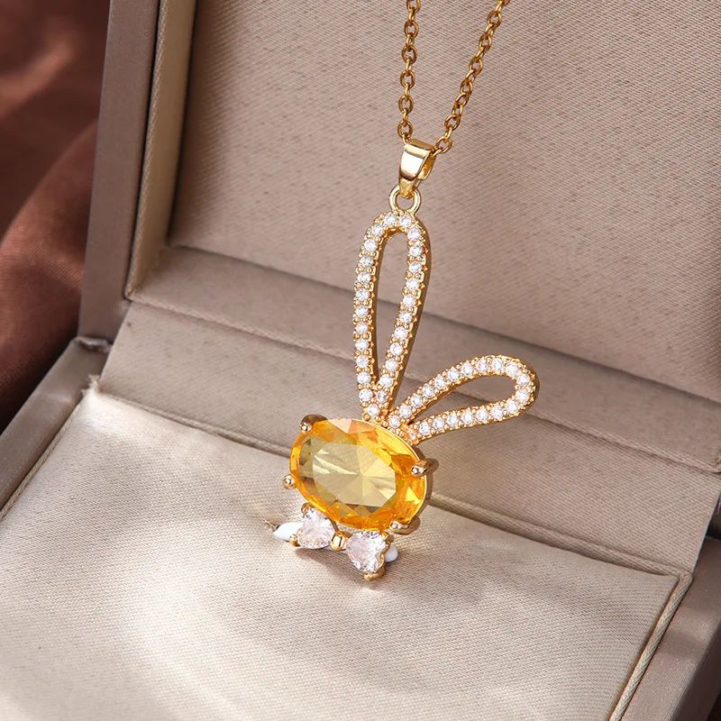 Women's Stainless Steel Small Fresh Cartoon Bunny Zircon Flash Diamond Pendant Necklace Versatile Cute Titanium Steel Necklace