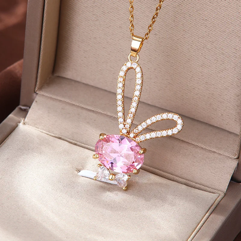 Women's Stainless Steel Small Fresh Cartoon Bunny Zircon Flash Diamond Pendant Necklace Versatile Cute Titanium Steel Necklace