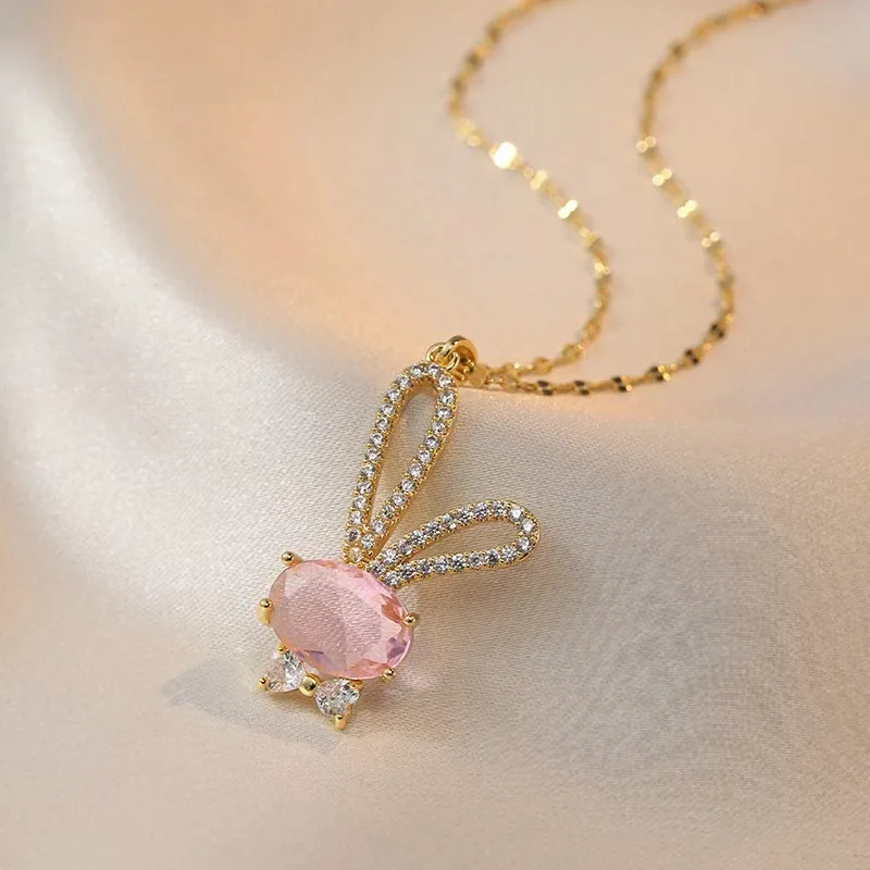 Women's Stainless Steel Small Fresh Cartoon Bunny Zircon Flash Diamond Pendant Necklace Versatile Cute Titanium Steel Necklace
