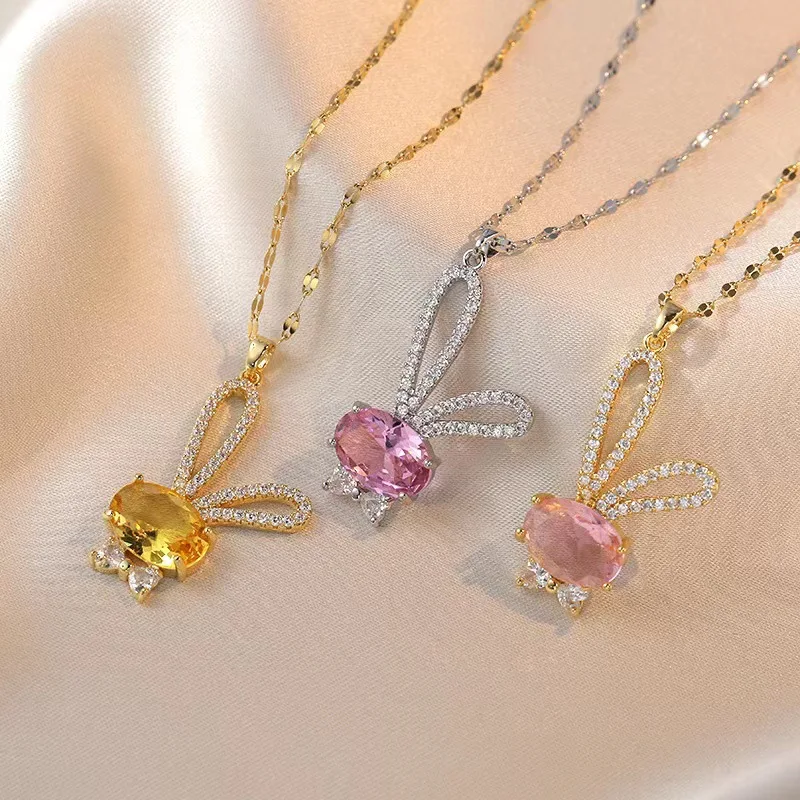Women's Stainless Steel Small Fresh Cartoon Bunny Zircon Flash Diamond Pendant Necklace Versatile Cute Titanium Steel Necklace