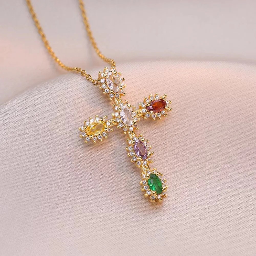 Popular Fashion Jewelry Zircon Women Gold Plated Colorful Diamond Cross Necklace Pendant Cross Stainless Steel Chain Necklace