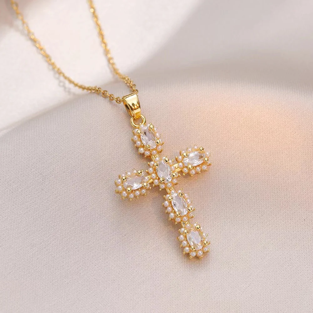 Popular Fashion Jewelry Zircon Women Gold Plated Colorful Diamond Cross Necklace Pendant Cross Stainless Steel Chain Necklace