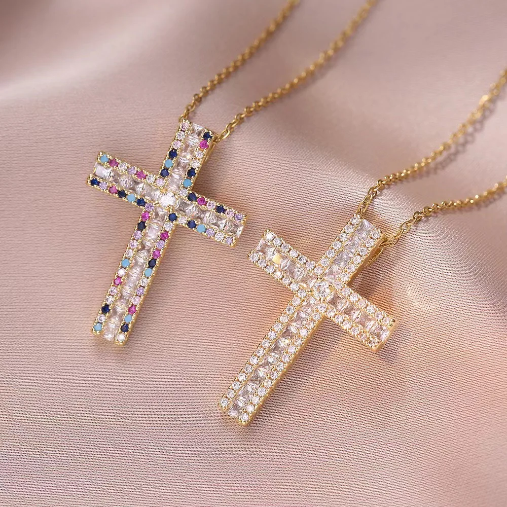 Popular Fashion Jewelry Zircon Women Gold Plated Colorful Diamond Cross Necklace Pendant Cross Stainless Steel Chain Necklace