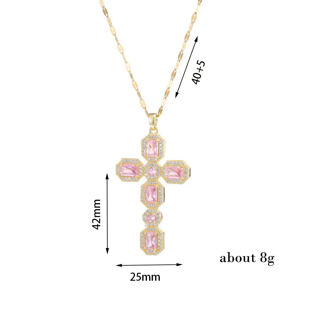 Popular Fashion Jewelry Zircon Women Gold Plated Colorful Diamond Cross Necklace Pendant Cross Stainless Steel Chain Necklace