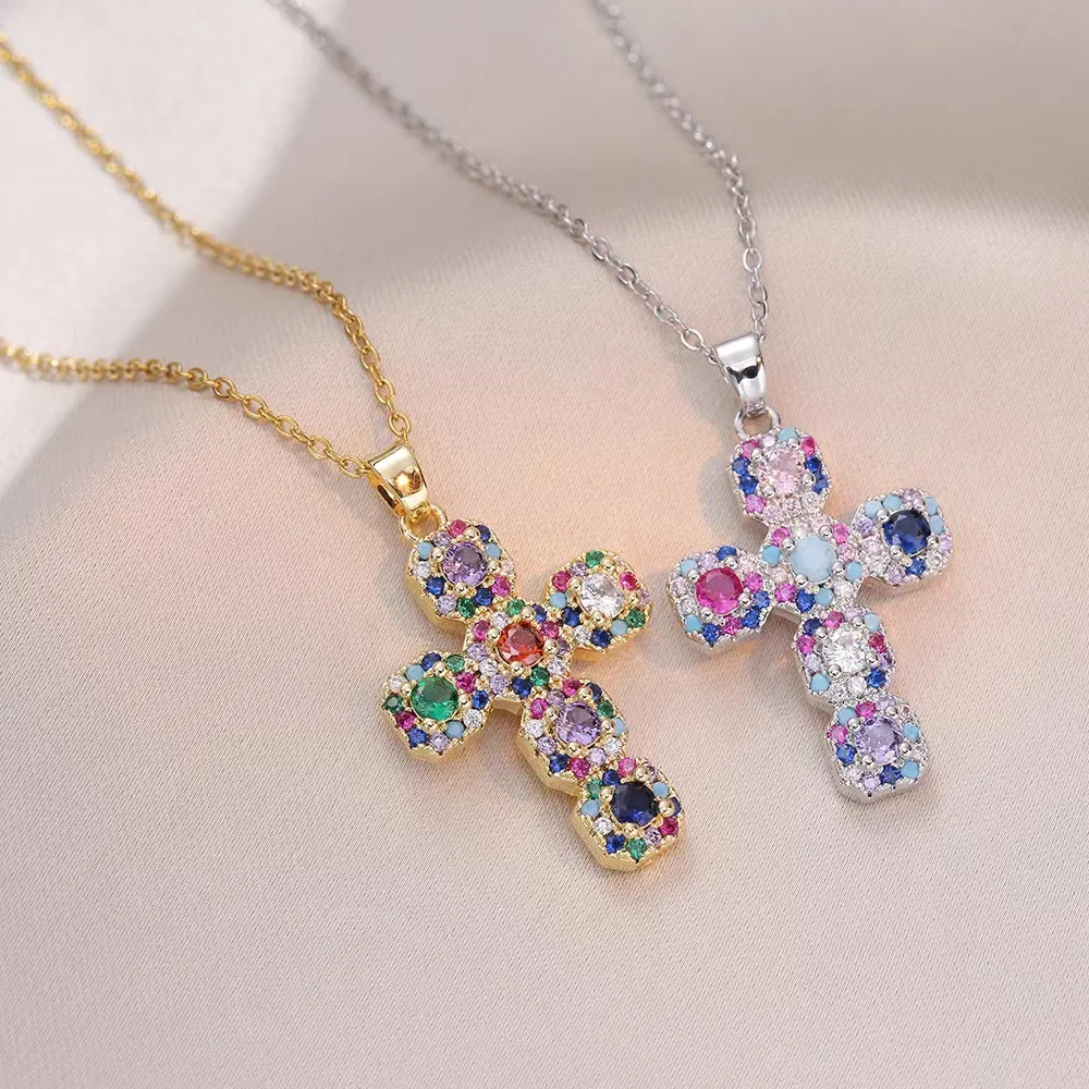 Popular Fashion Jewelry Zircon Women Gold Plated Colorful Diamond Cross Necklace Pendant Cross Stainless Steel Chain Necklace