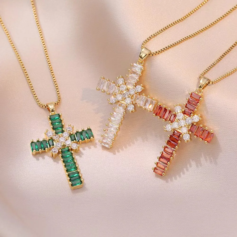 Popular Fashion Jewelry Zircon Women Gold Plated Colorful Diamond Cross Necklace Pendant Cross Stainless Steel Chain Necklace