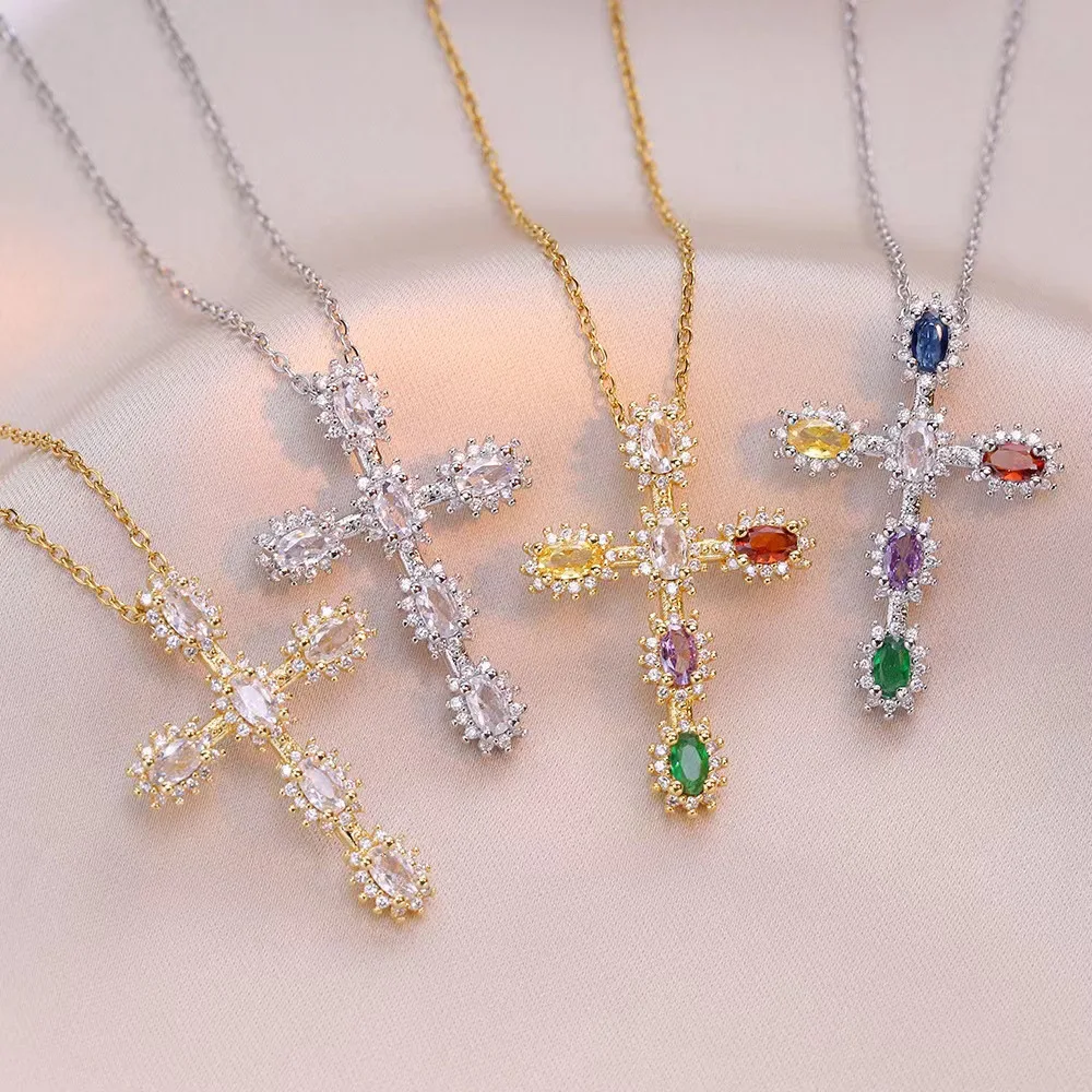 Popular Fashion Jewelry Zircon Women Gold Plated Colorful Diamond Cross Necklace Pendant Cross Stainless Steel Chain Necklace