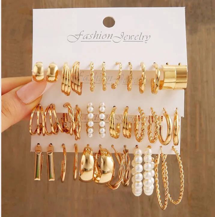 New Fashionable and Versatile High-end Metal Twist Chain Earring Set Creative and Simple Earring Floral Geometric Earrings