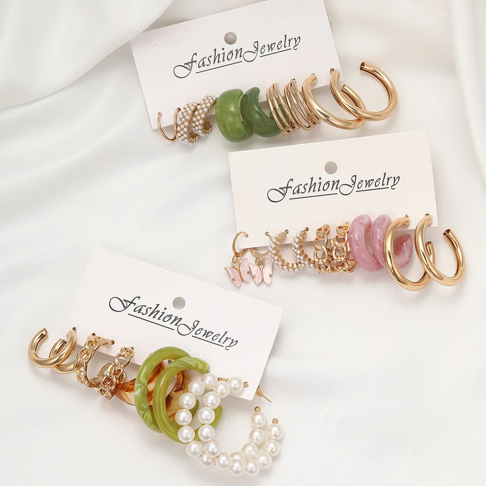 New Fashionable and Versatile High-end Metal Twist Chain Earring Set Creative and Simple Earring Floral Geometric Earrings