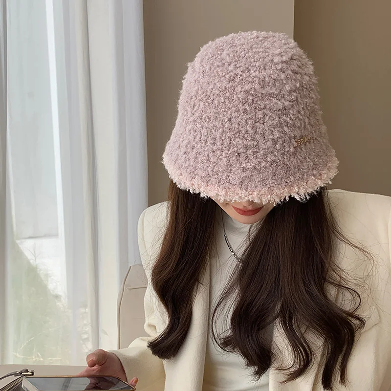 Women's Autumn Winter Warm Polyester Hat Solid Color Block Fashion Versatile Temperament Bucket Knitted Cap for Fishing