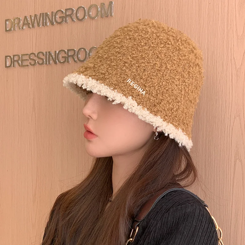 Women's Autumn Winter Warm Polyester Hat Solid Color Block Fashion Versatile Temperament Bucket Knitted Cap for Fishing